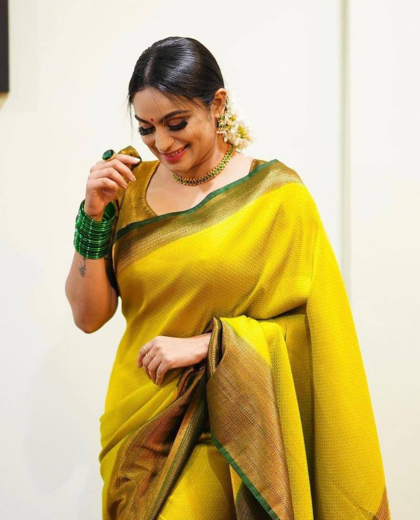 Bhuvi Yellow Soft Silk Saree With Pretty Blouse Piece