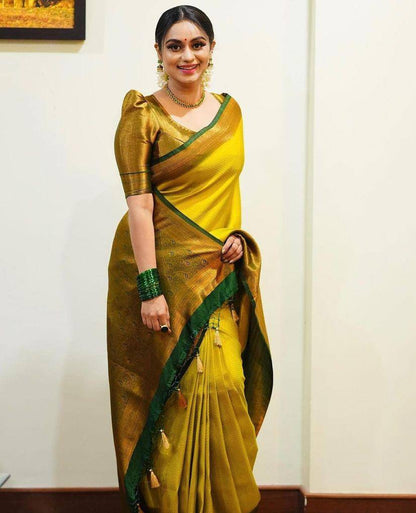 Bhuvi Yellow Soft Silk Saree With Pretty Blouse Piece