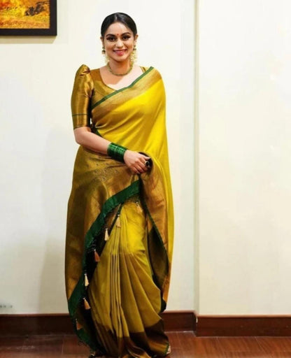 Bhuvi Yellow Soft Silk Saree With Pretty Blouse Piece