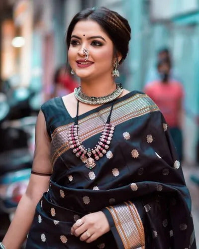 Kajal Black Paithani Silk Saree With Ethnic Blouse Piece