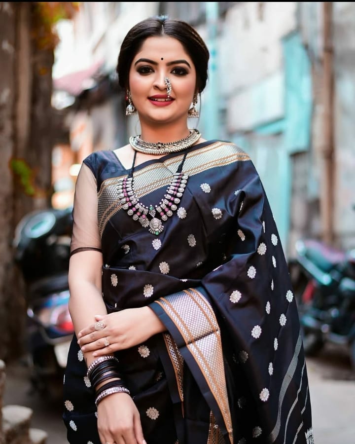 Kajal Black Paithani Silk Saree With Ethnic Blouse Piece