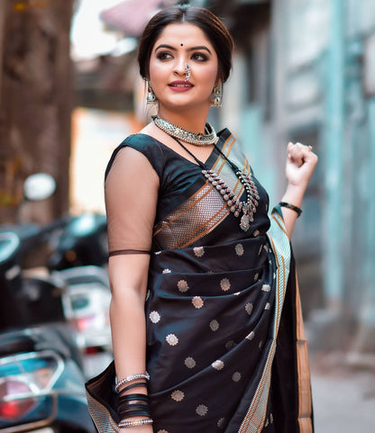 Kajal Black Paithani Silk Saree With Ethnic Blouse Piece