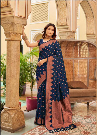 Kavya Navy Blue Soft Silk Saree With Elision Blouse Piece