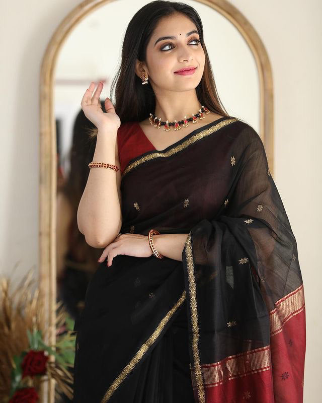 Stuti Black-Red Cotton Silk Saree