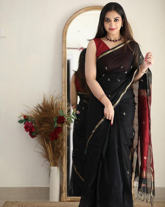 Stuti Black-Red Cotton Silk Saree