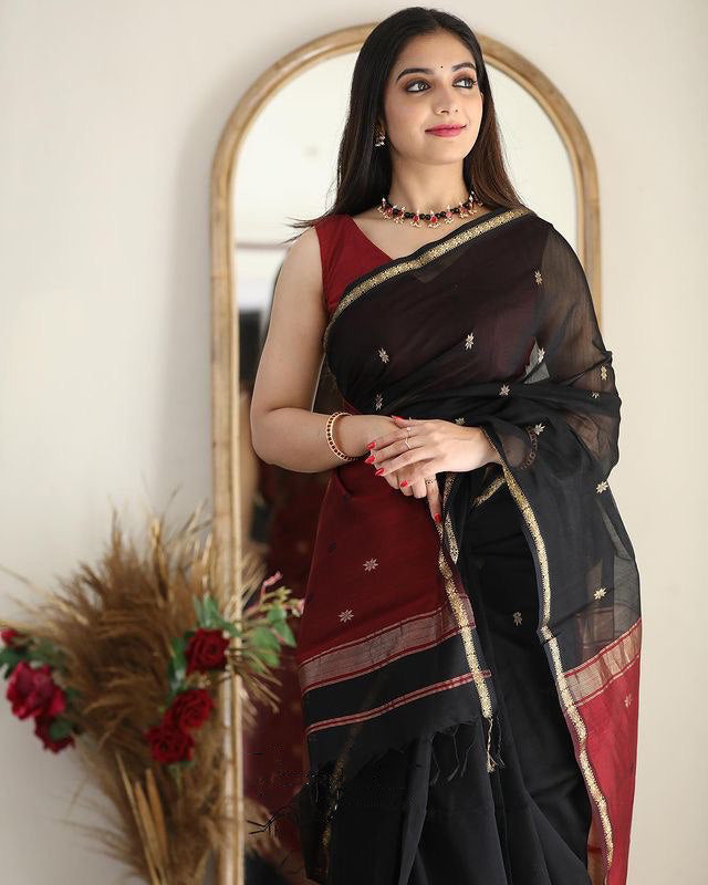 Stuti Black-Red Cotton Silk Saree