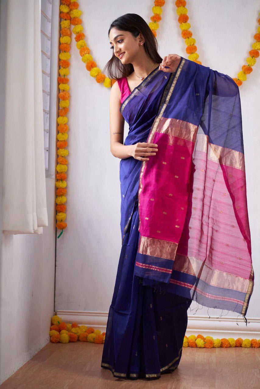 Freya Navy Blue-Pink Cotton Silk Saree