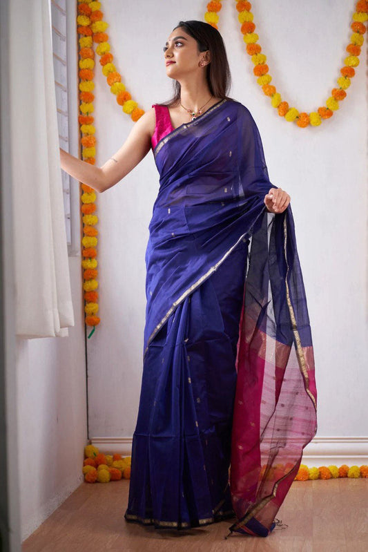 Freya Navy Blue-Pink Cotton Silk Saree