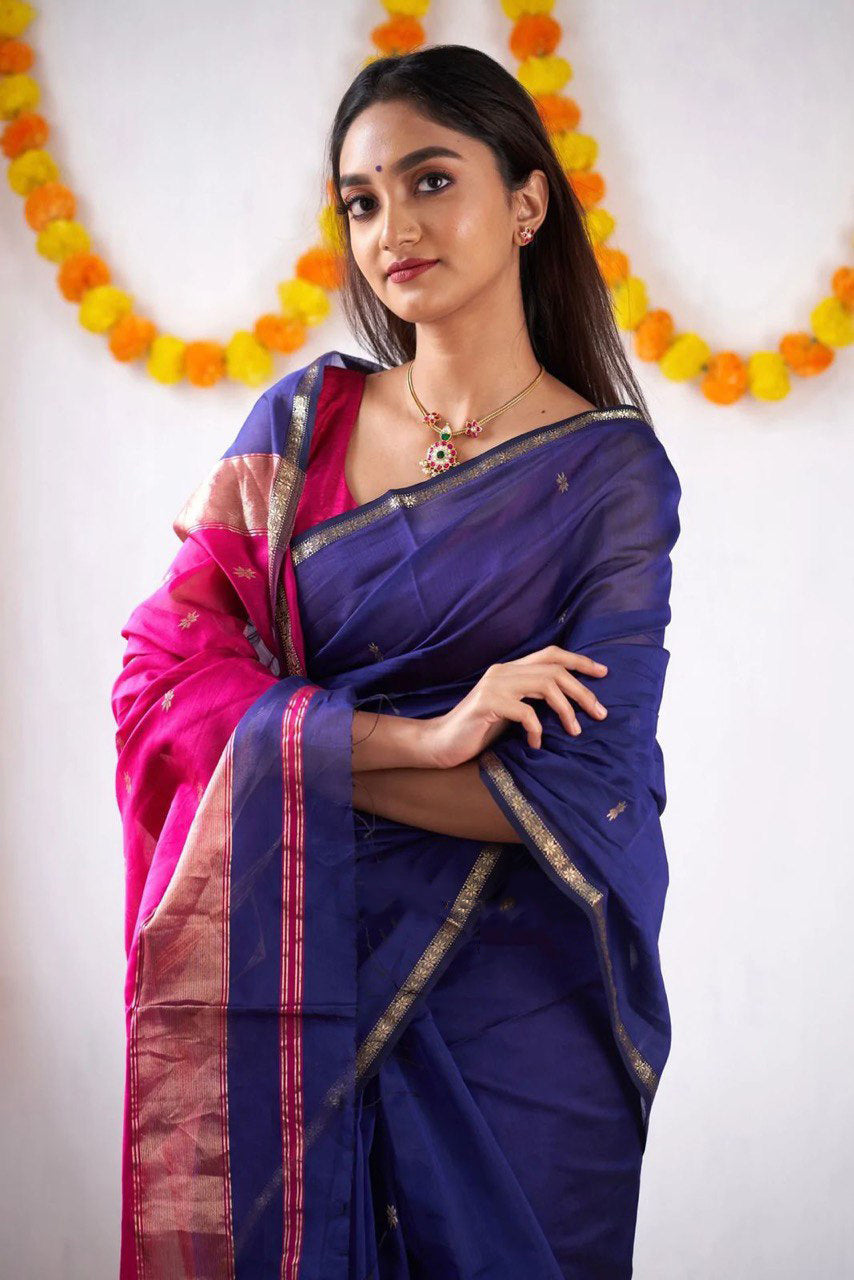 Freya Navy Blue-Pink Cotton Silk Saree