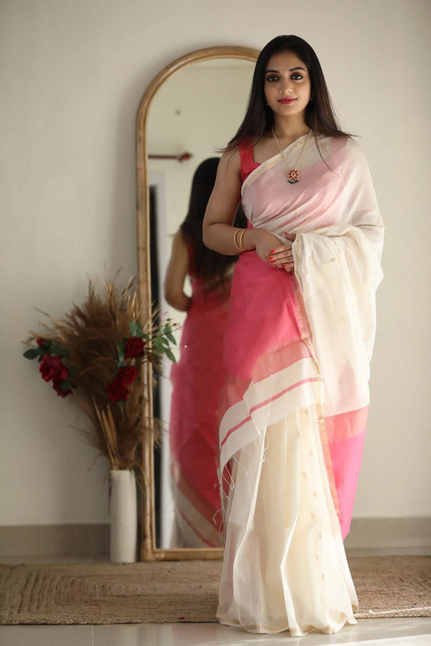 Stuti White-Pink Cotton Silk Saree 