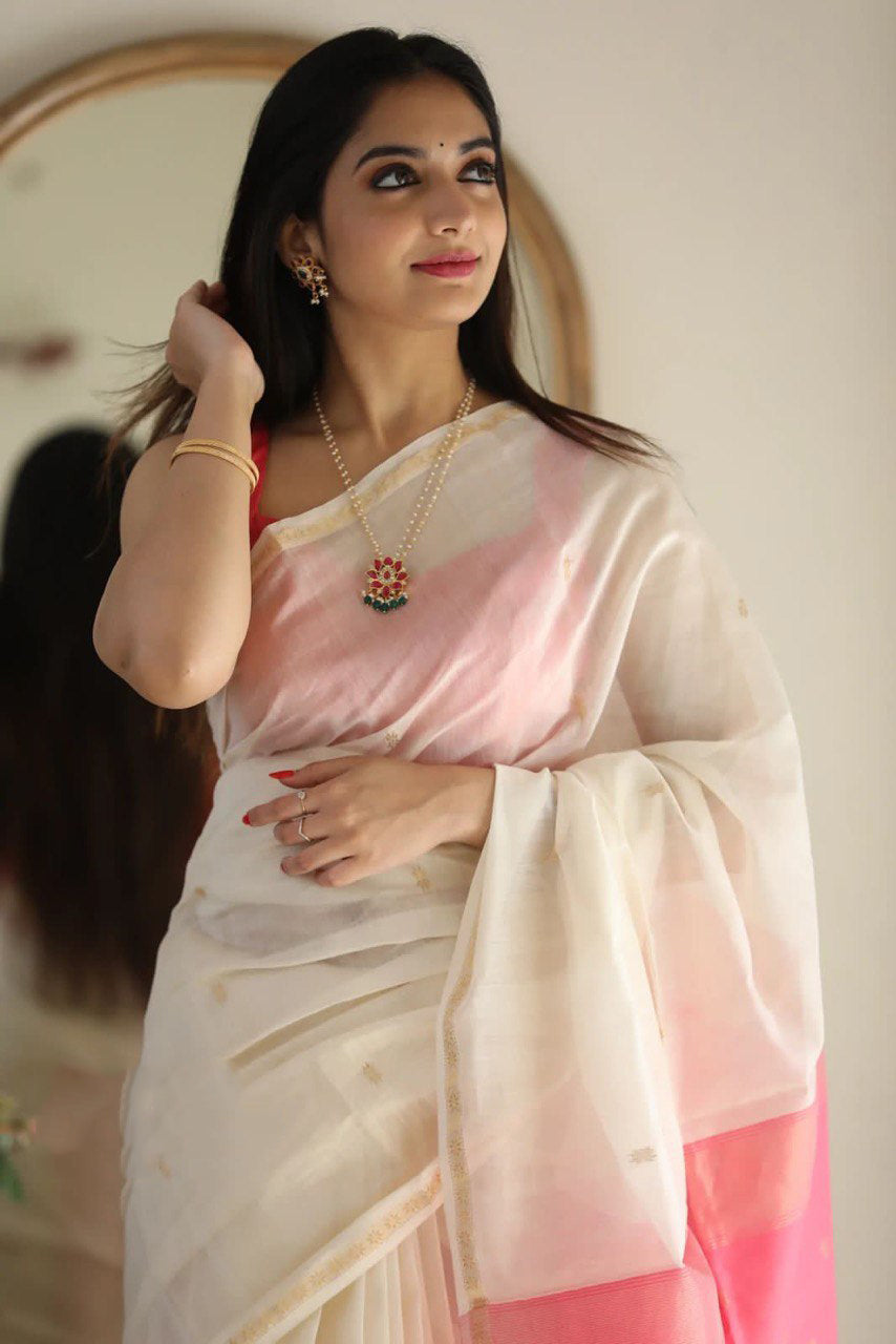 Stuti White-Pink Cotton Silk Saree 