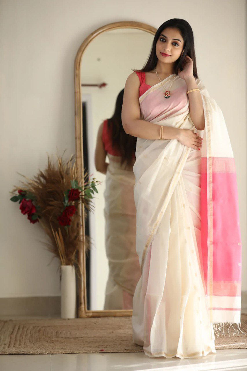 Stuti White-Pink Cotton Silk Saree 