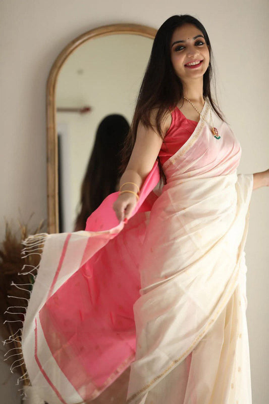 Stuti White-Pink Cotton Silk Saree 