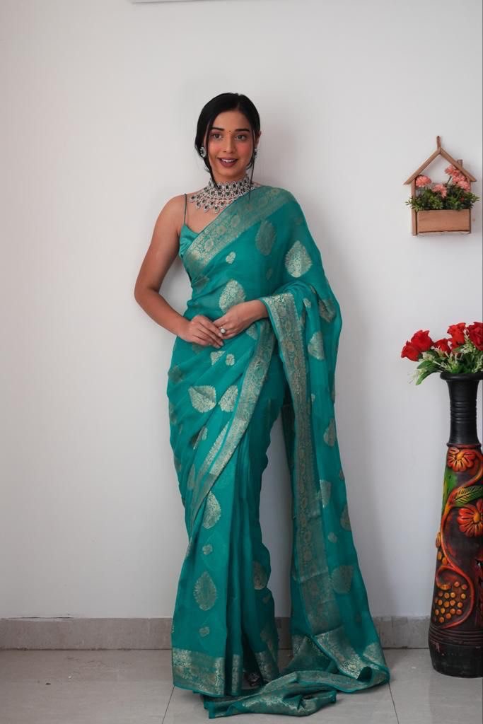 Kayra 1-Minute Ready To Wear Sea Green Soft Silk Saree