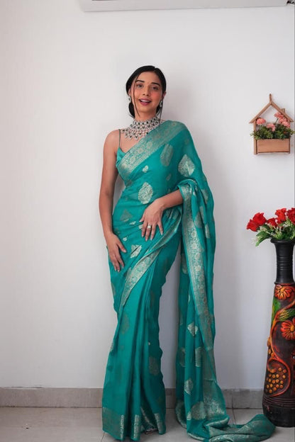 Kayra 1-Minute Ready To Wear Sea Green Soft Silk Saree