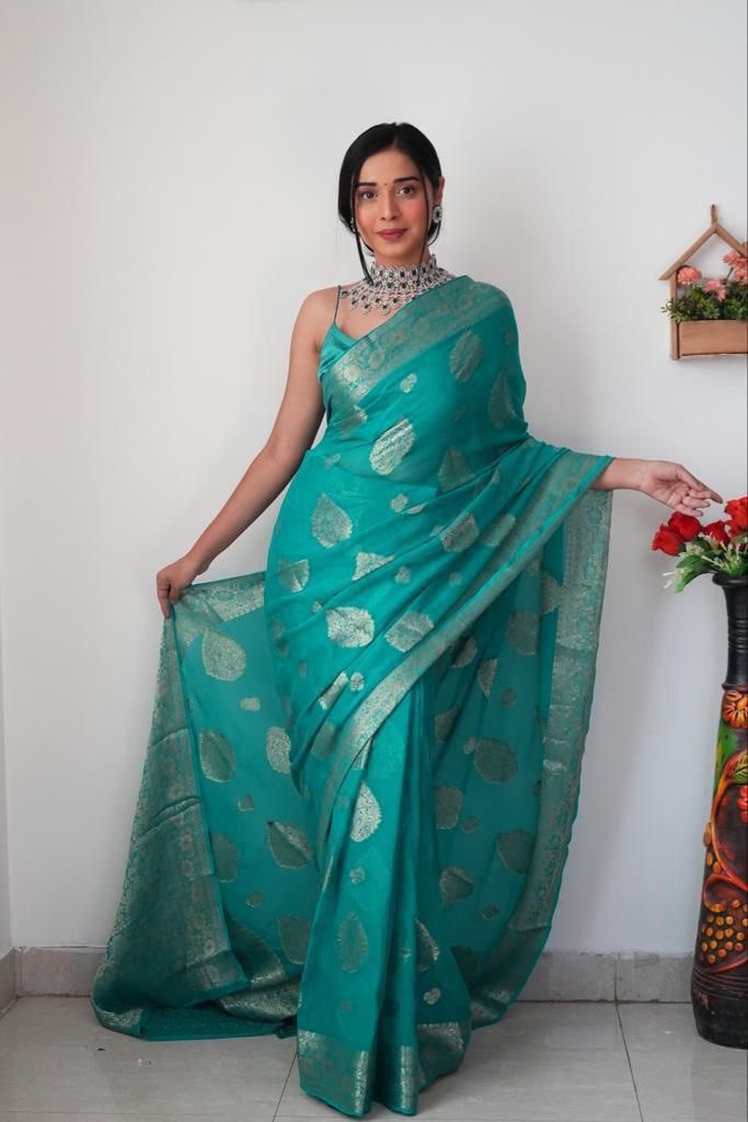 Kayra 1-Minute Ready To Wear Sea Green Soft Silk Saree