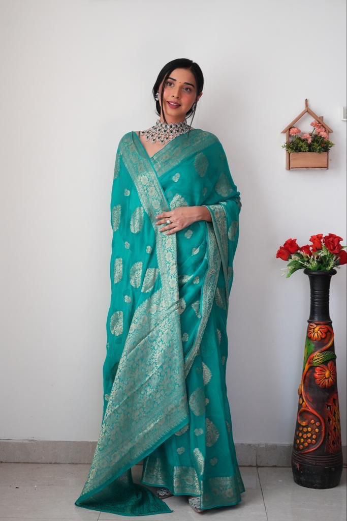 Kayra 1-Minute Ready To Wear Sea Green Soft Silk Saree