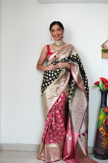 Aarti 1-Minute Ready To Wear Black-Pink Soft Silk Saree