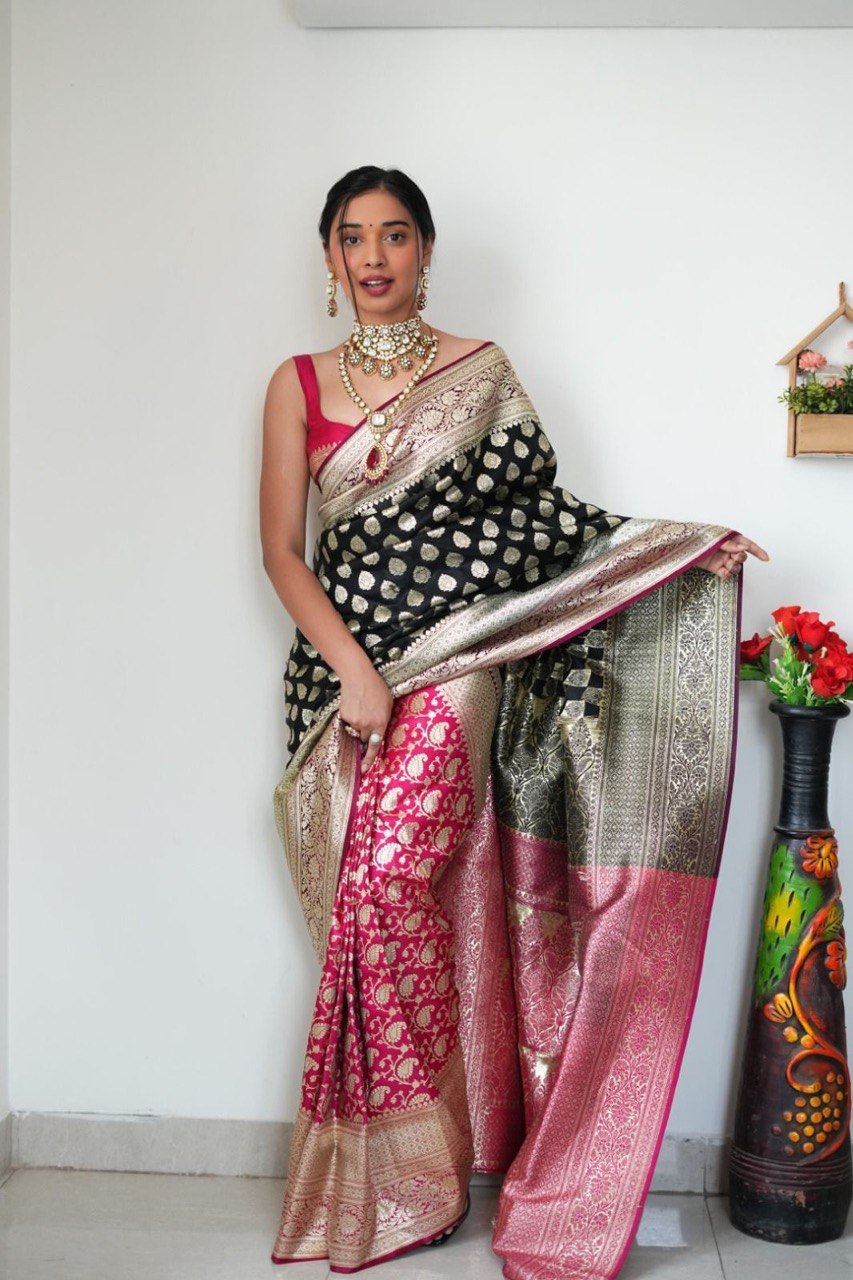 Aarti 1-Minute Ready To Wear Black-Pink Soft Silk Saree