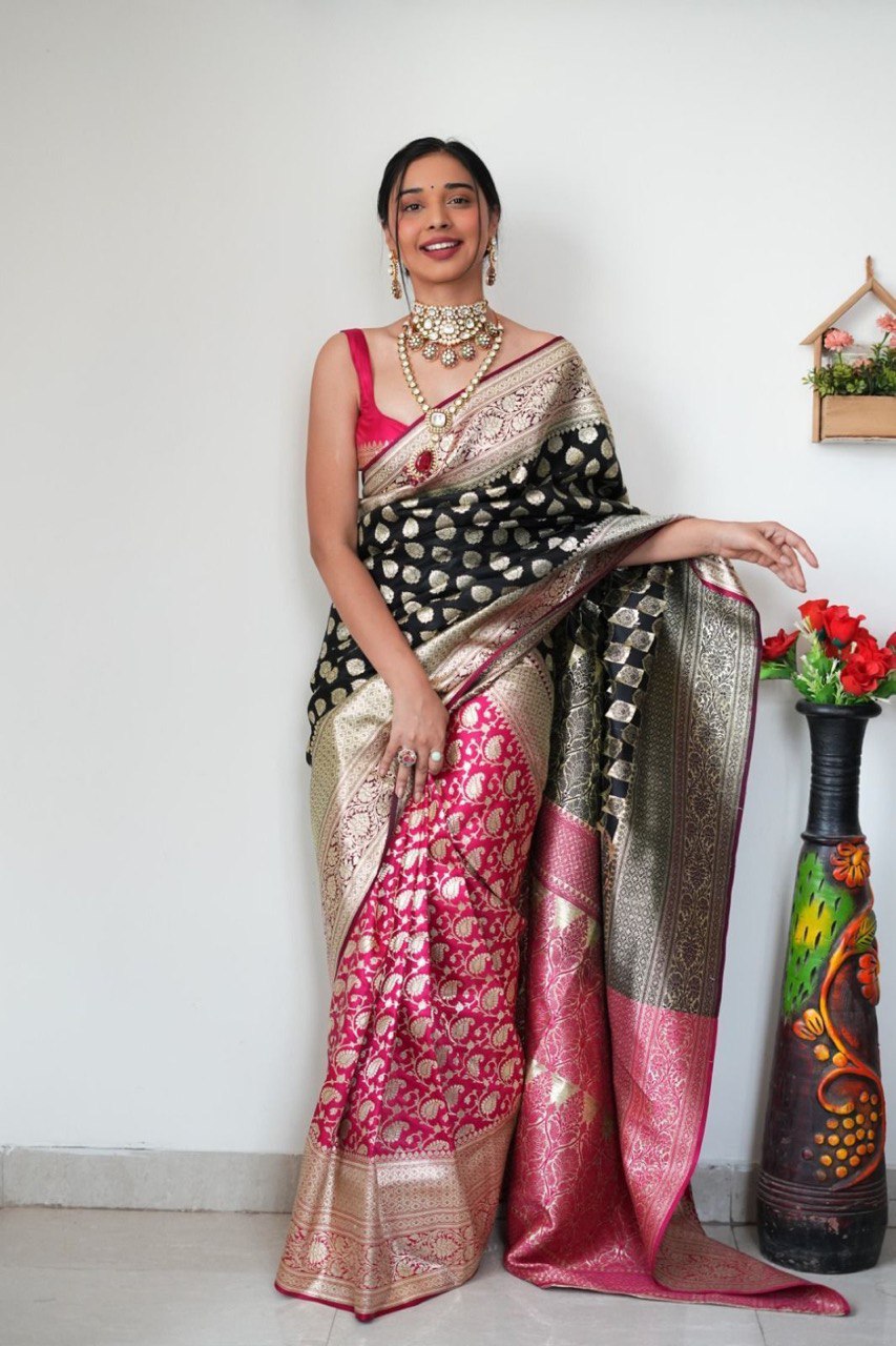 Aarti 1-Minute Ready To Wear Black-Pink Soft Silk Saree