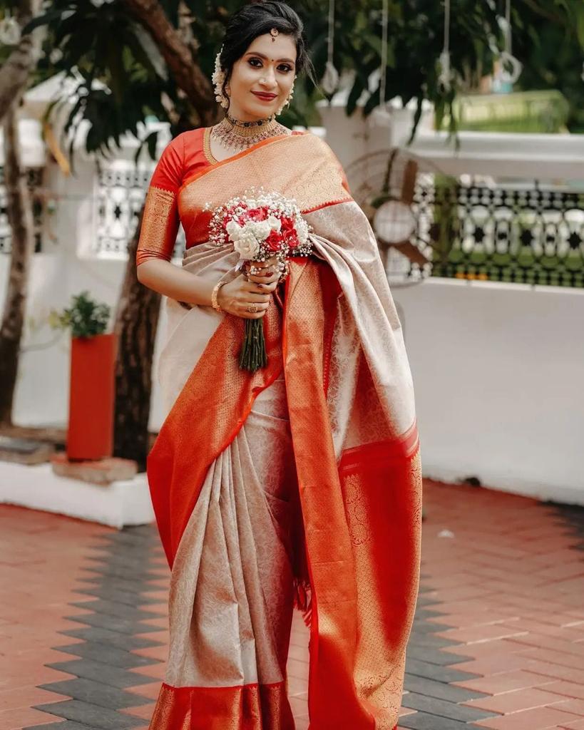 Neha Beige-Red Soft Silk Saree With Refreshing Blouse Piece