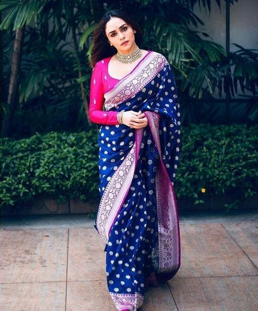 Janvi Blue Soft Banarasi Silk Saree With Gorgeous Blouse 