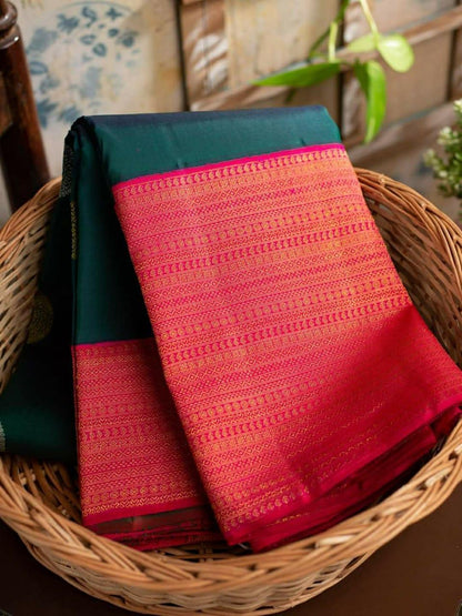 Kanchi Rich  C-Green Rama Color Solft Silk Saree With lovely Pink Pallu