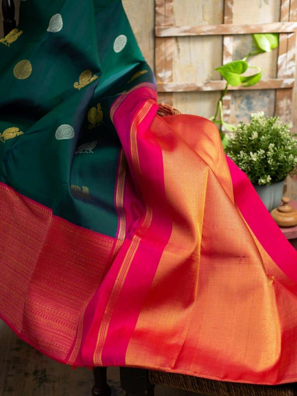 Kanchi Rich  C-Green Rama Color Solft Silk Saree With lovely Pink Pallu