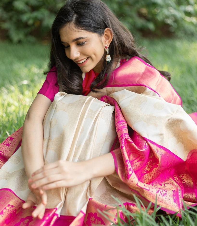 Abhilasha Whiet Pink Traditional Pure Soft Silk Sari With Attached Blouse 