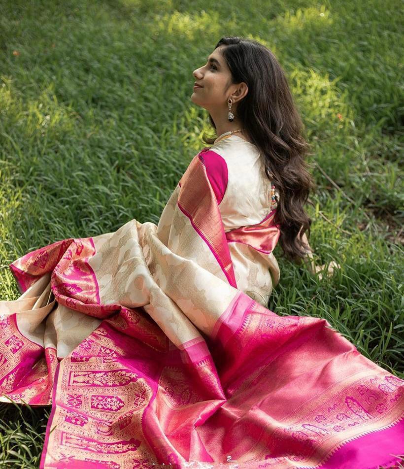 Abhilasha Whiet Pink Traditional Pure Soft Silk Sari With Attached Blouse 