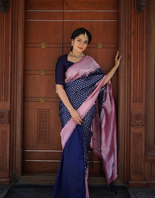 MEERA BLUE TRADITIONAL SOFT SILK SAREE WITH ATTACHED BLOUSE