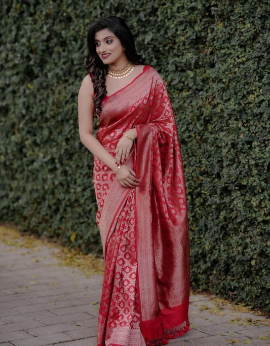 LAVNYA RED TRADITIONAL KANCHI SOFT SILK SARI WITH ATTACHED BLOUSE