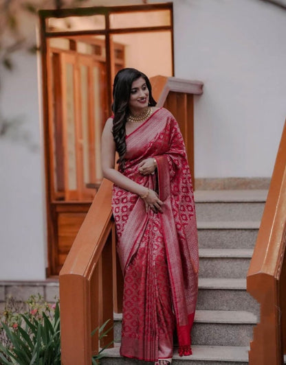 LAVNYA RED TRADITIONAL KANCHI SOFT SILK SARI WITH ATTACHED BLOUSE