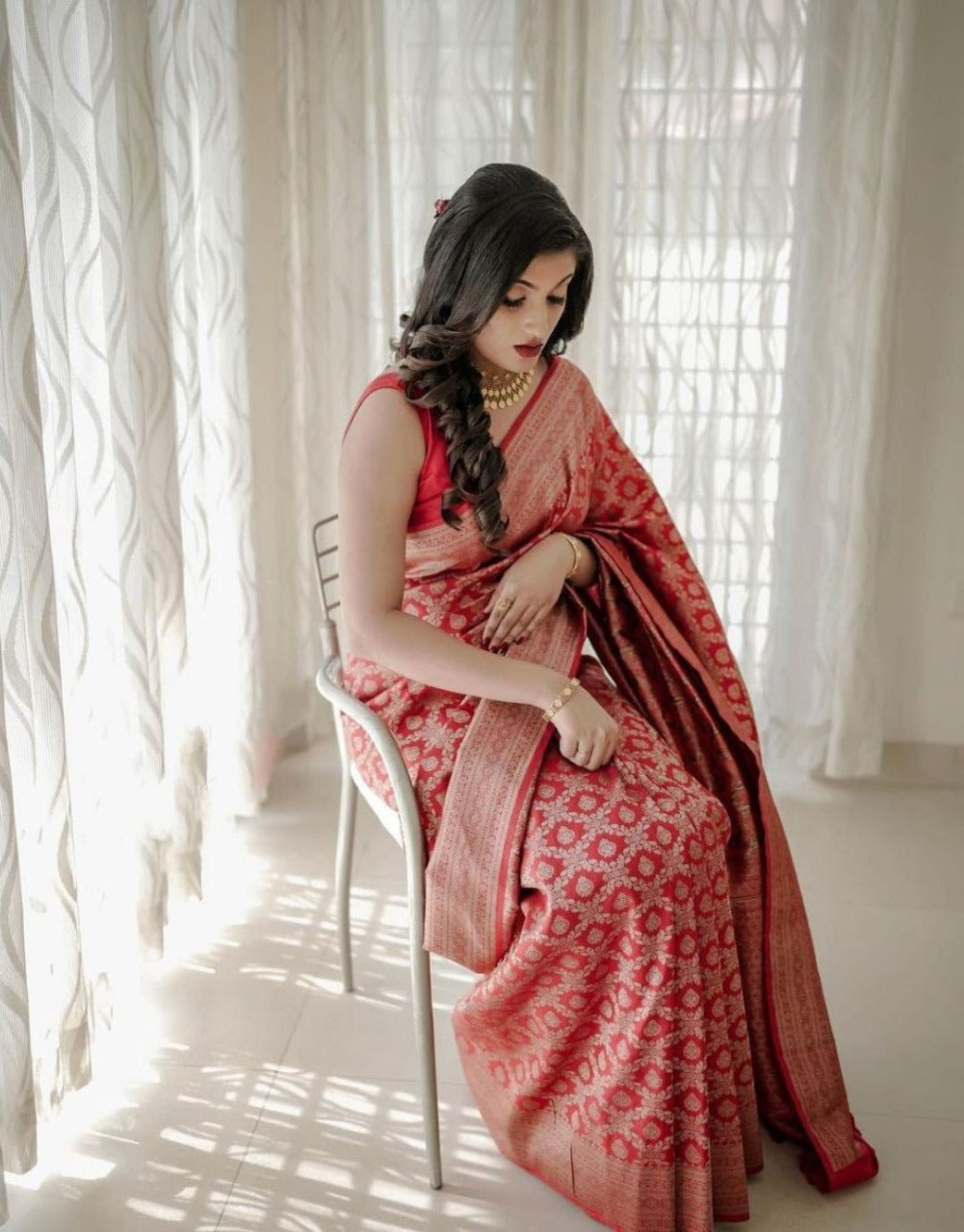 LAVNYA RED TRADITIONAL KANCHI SOFT SILK SARI WITH ATTACHED BLOUSE