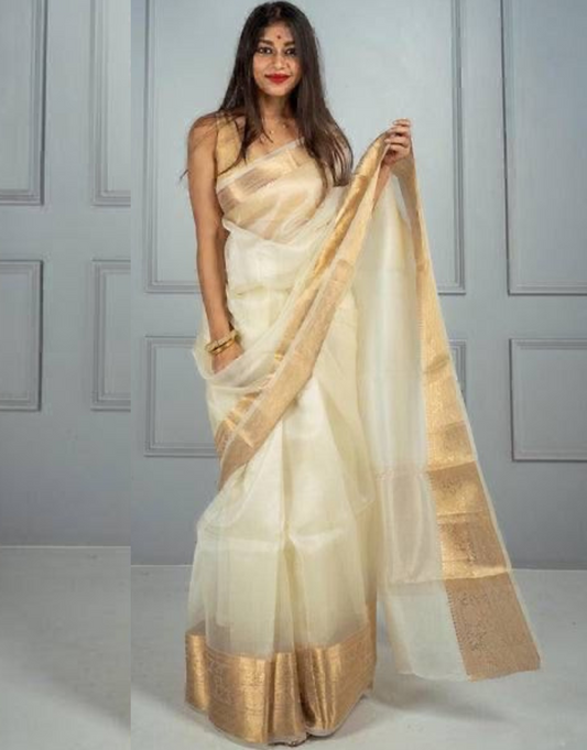 Punam Off White Organza Silk Saree